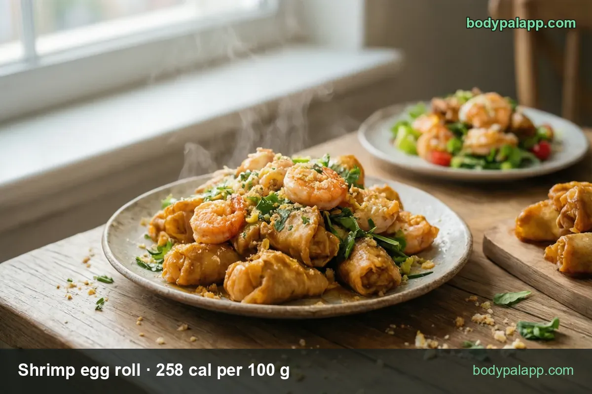 Plate of golden shrimp egg rolls with shrimp salad behind; chips show 1 egg roll (64 g) 165 cal and 2 egg rolls (128 g) 330 cal