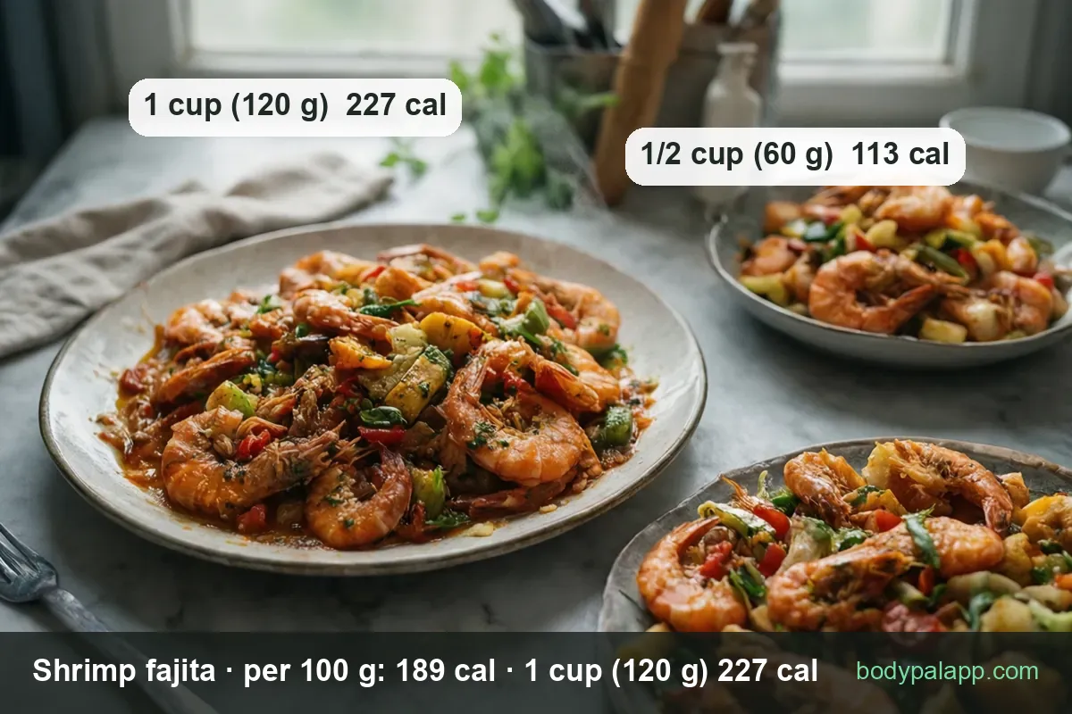 Three servings of shrimp fajita skillet, a plate, a bowl and a second plate, labeled 1 cup (120 g) 227 cal and 1/2 cup (60 g) 113 cal.