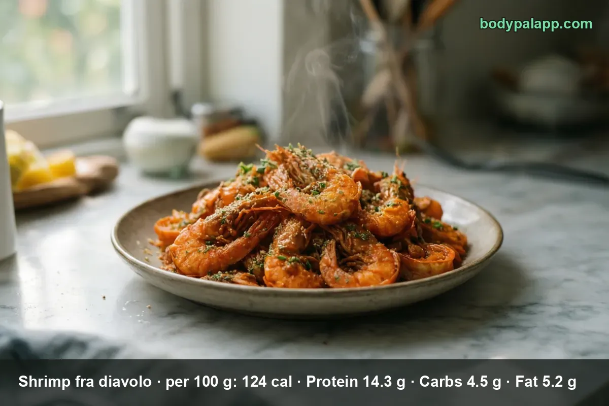 Shrimp in spicy red tomato sauce piled on a plate, steam rising