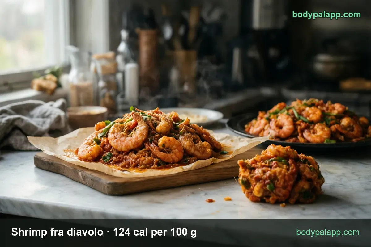 Shell-on shrimp in spicy tomato sauce with onion on parchment, chips reading 1 cup (246 g) 305 cal and 4 oz (113 g) 140 cal