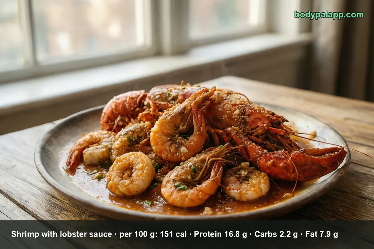 Shrimp in brown lobster sauce with sliced scallions on a plate, topped with a whole lobster tail.