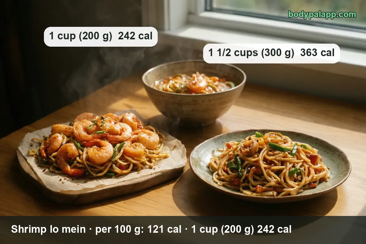 Shrimp lo mein on paper on a wooden board, bowl behind, plate of twirled noodles in front; 1 cup (200 g) 242 cal, 300 g 363 cal.