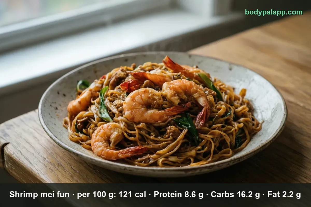 Plate of thin brown stir-fried noodles with shrimp, bok choy and dried chilies