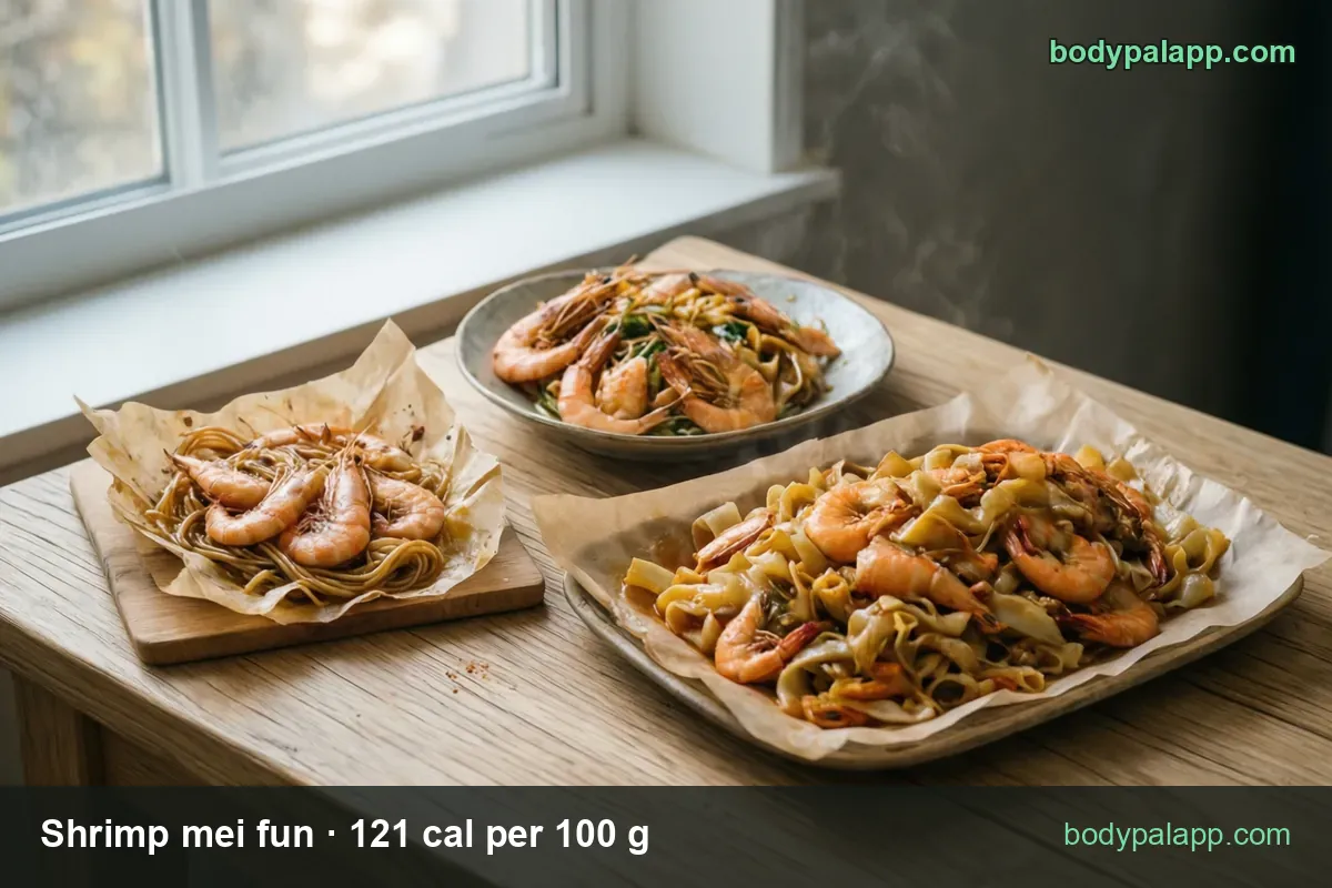 Bowl of shrimp with thin noodles and greens, labeled 1 cup (200 g) 242 cal and 1 1/2 cups (300 g) 363 cal