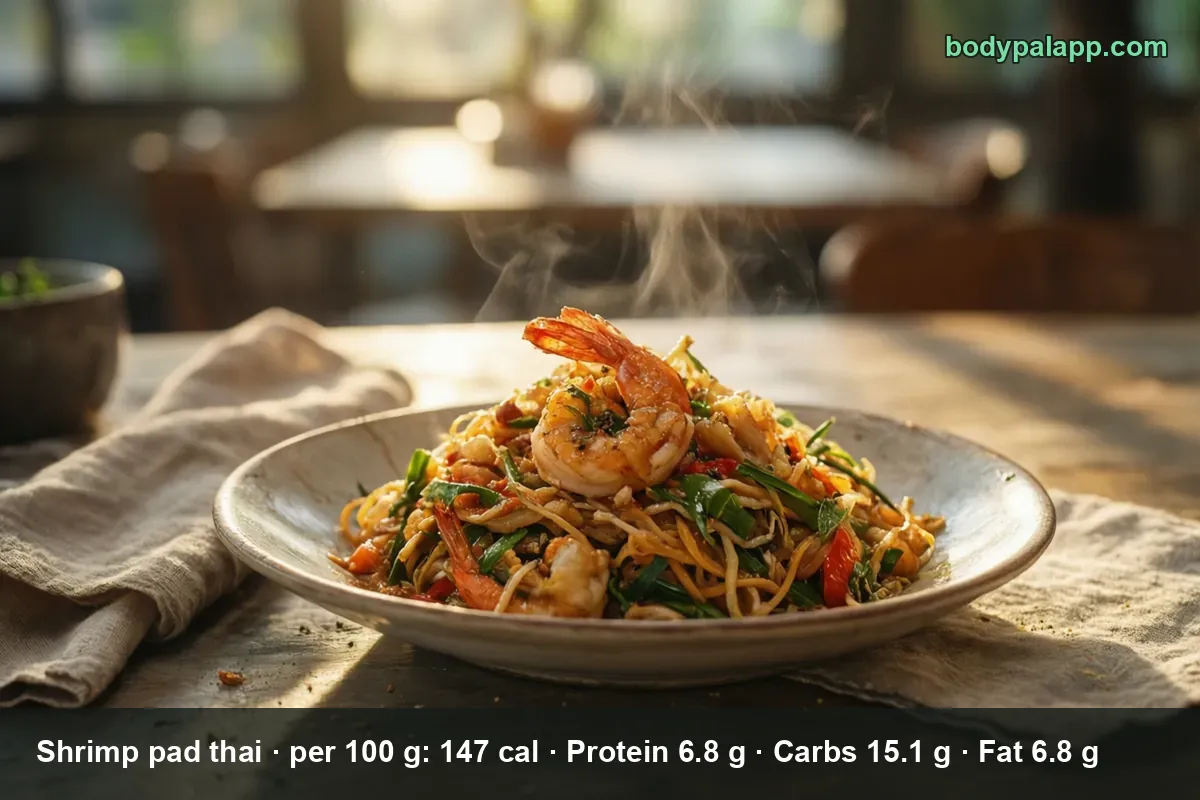 Shrimp pad thai on a shallow plate: rice noodles topped with whole head-on shrimp and green onions