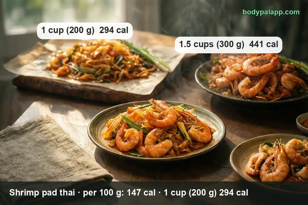 Four servings of shrimp pad thai with whole shrimp and rice noodles; 1 cup 294 cal and 1.5 cups 441 cal