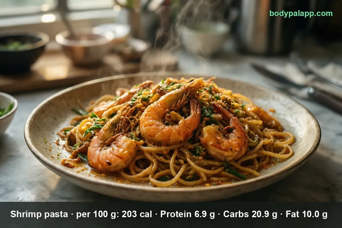 Plate of spaghetti with five shell-on shrimp, green onion and rising steam