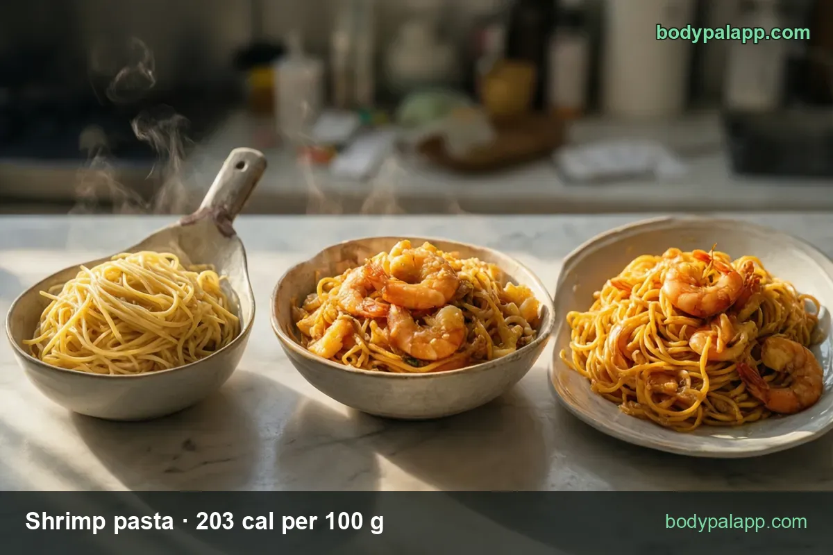 Three shrimp pasta dishes in a row; 1 cup (204 g) 414 cal and 1/2 cup (102 g) 207 cal