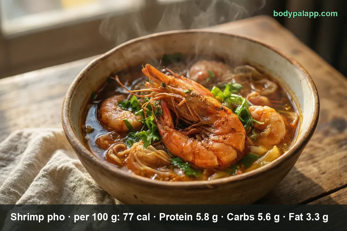 Bowl of dark pho broth with whole shrimp, cilantro and sliced onion, rice noodles visible at the bottom