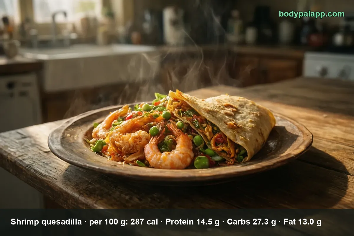 Folded griddled tortilla wedge filled with shrimp, next to a pile of shrimp with peas and red peppers