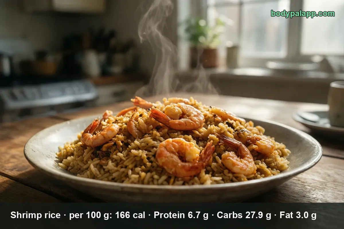 Plate of shrimp fried rice with six or seven shrimp and rising steam