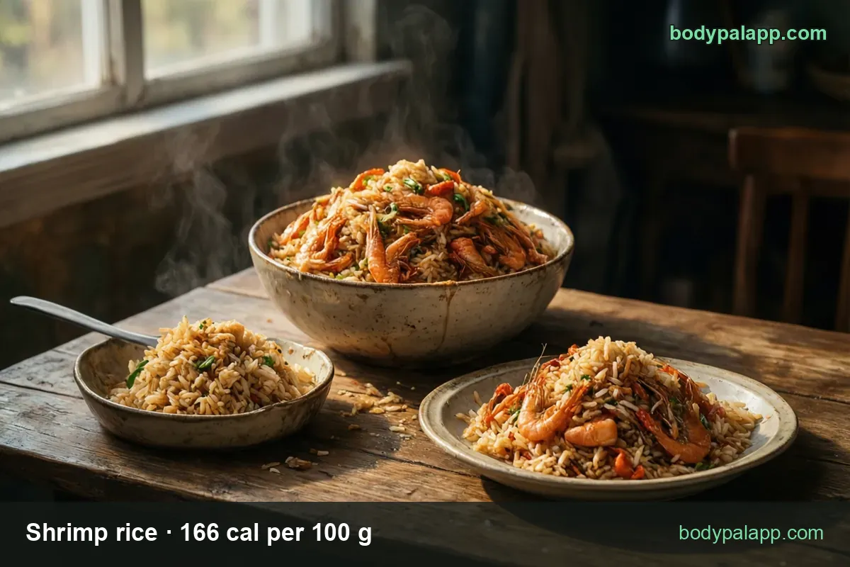 Large bowl of shrimp fried rice and a small bowl of plain fried rice with a spoon, labeled 1 cup 198 g 329 cal and half cup 99 g 164 cal