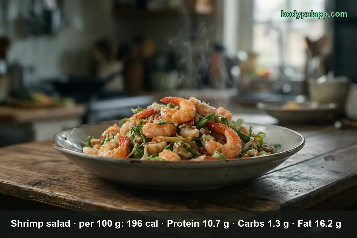 Bowl of shrimp salad with shredded vegetables and fresh herbs in a light dressing
