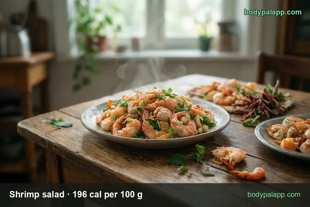 Plate of shrimp with celery, green onion and herbs; chips show 1 cup (182 g) 357 cal and 1/2 cup (91 g) 178 cal
