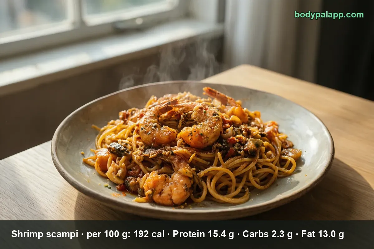 Plate of spaghetti with five large peeled shrimp in reddish-brown sauce, steam rising from the pasta