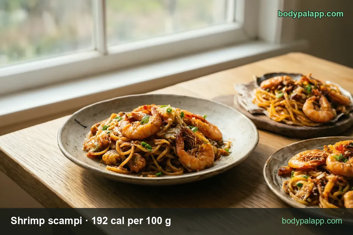 Three plates of shrimp spaghetti with scallions and chili flakes; chips read 1 cup 250 g 480 cal and 1 shrimp 15 g 29 cal