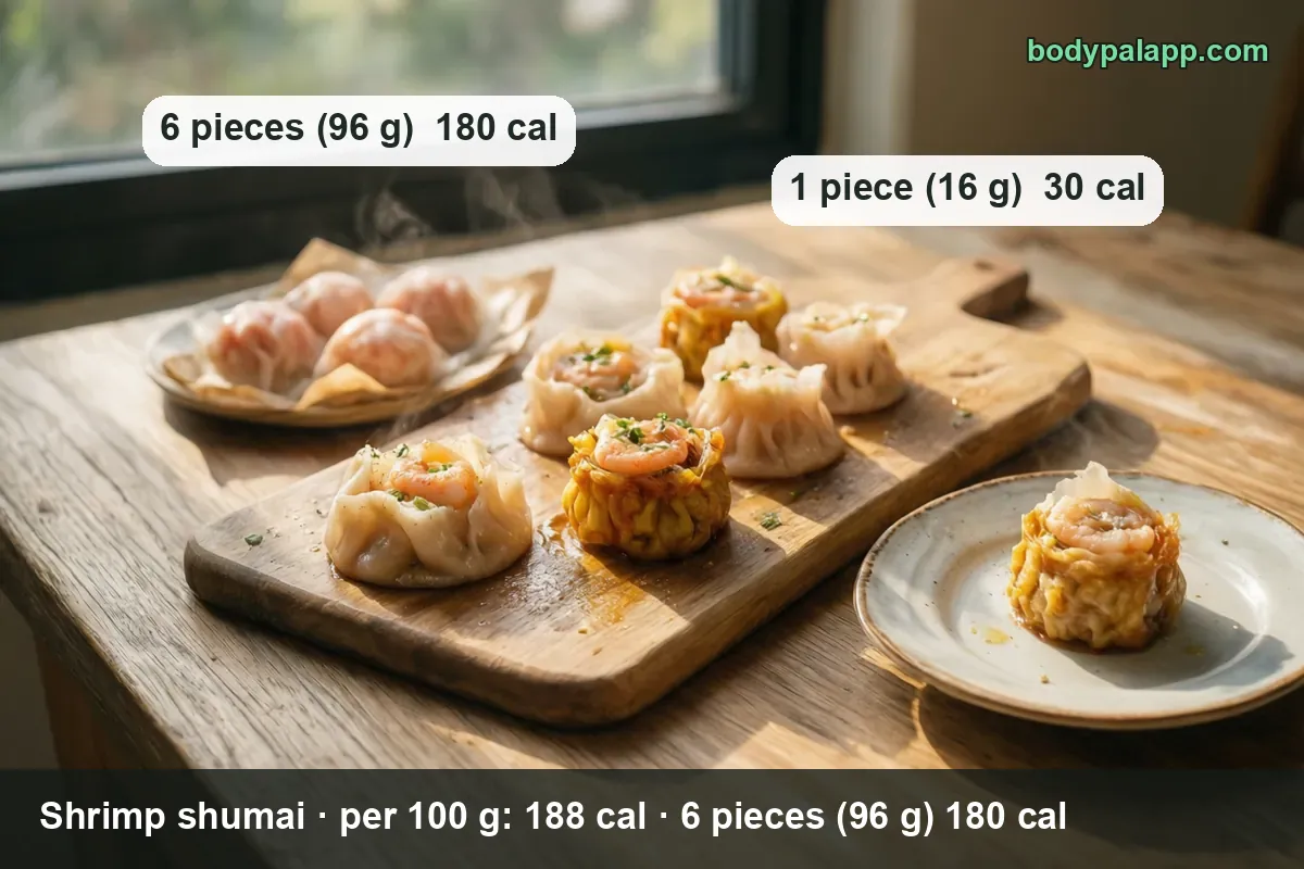 Six shrimp shumai on a wooden board with har gow behind, labeled 6 pieces (96 g) 180 cal and 1 piece (16 g) 30 cal