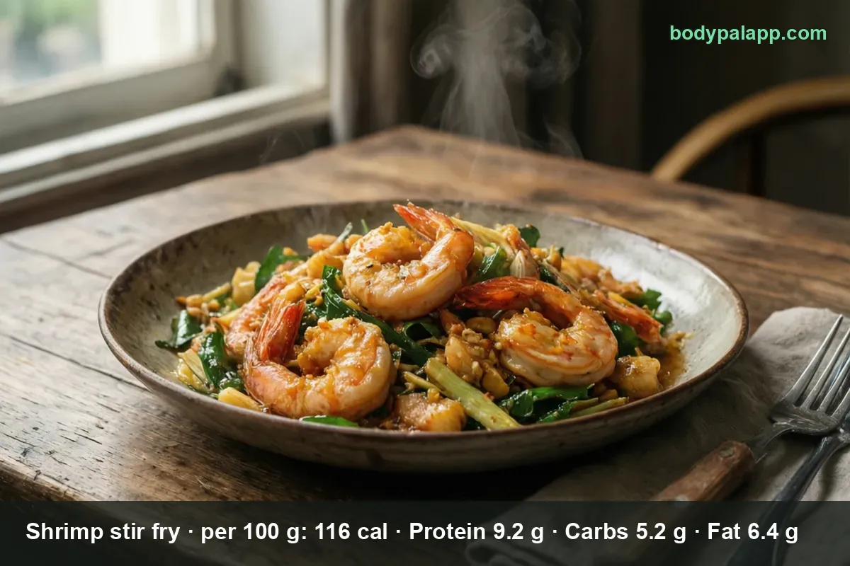 Plate of shrimp stir fry with tail-on shrimp, spinach and bok choy and spring onion, steam rising