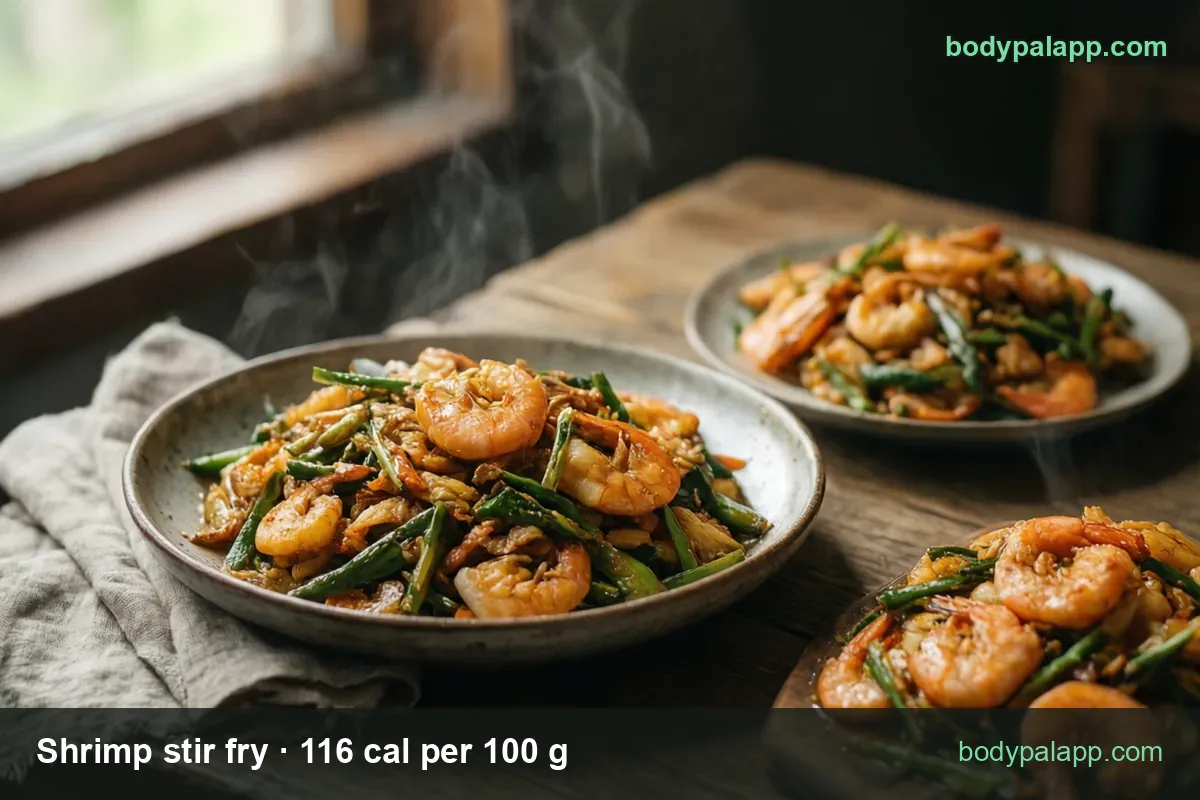 Three servings of shrimp stir fry with green beans and asparagus in glossy sauce; chips 1 cup (217 g) 252 cal and 1/2 cup 126 cal