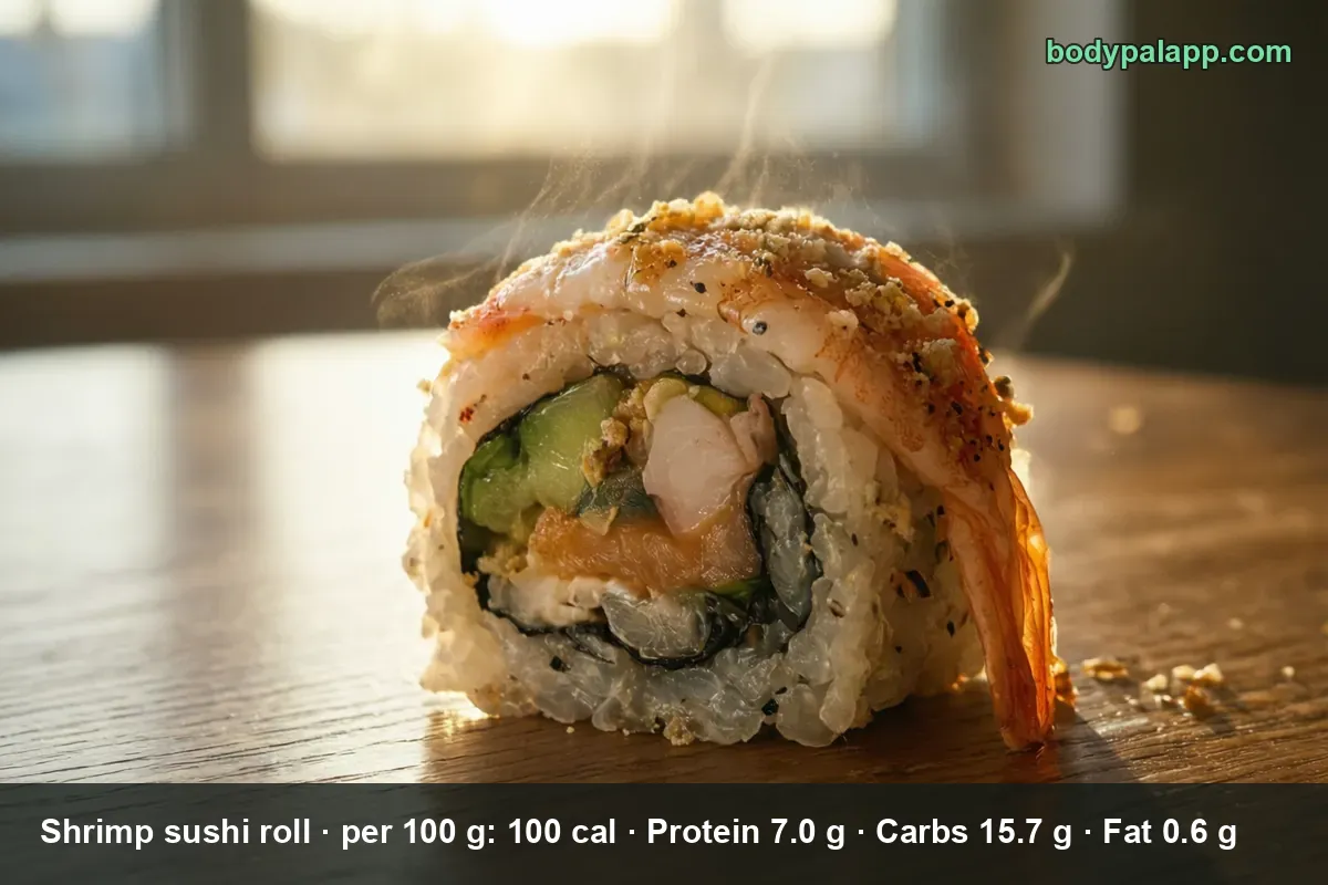 Close-up of one shrimp sushi roll piece with rice on the outside and a shrimp tail on top.