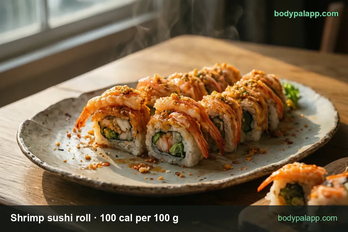 Oval plate of six shrimp sushi roll pieces with crunchy crumbs and two on a board; chips show 6 pieces 180 cal and 1 piece 30 cal.