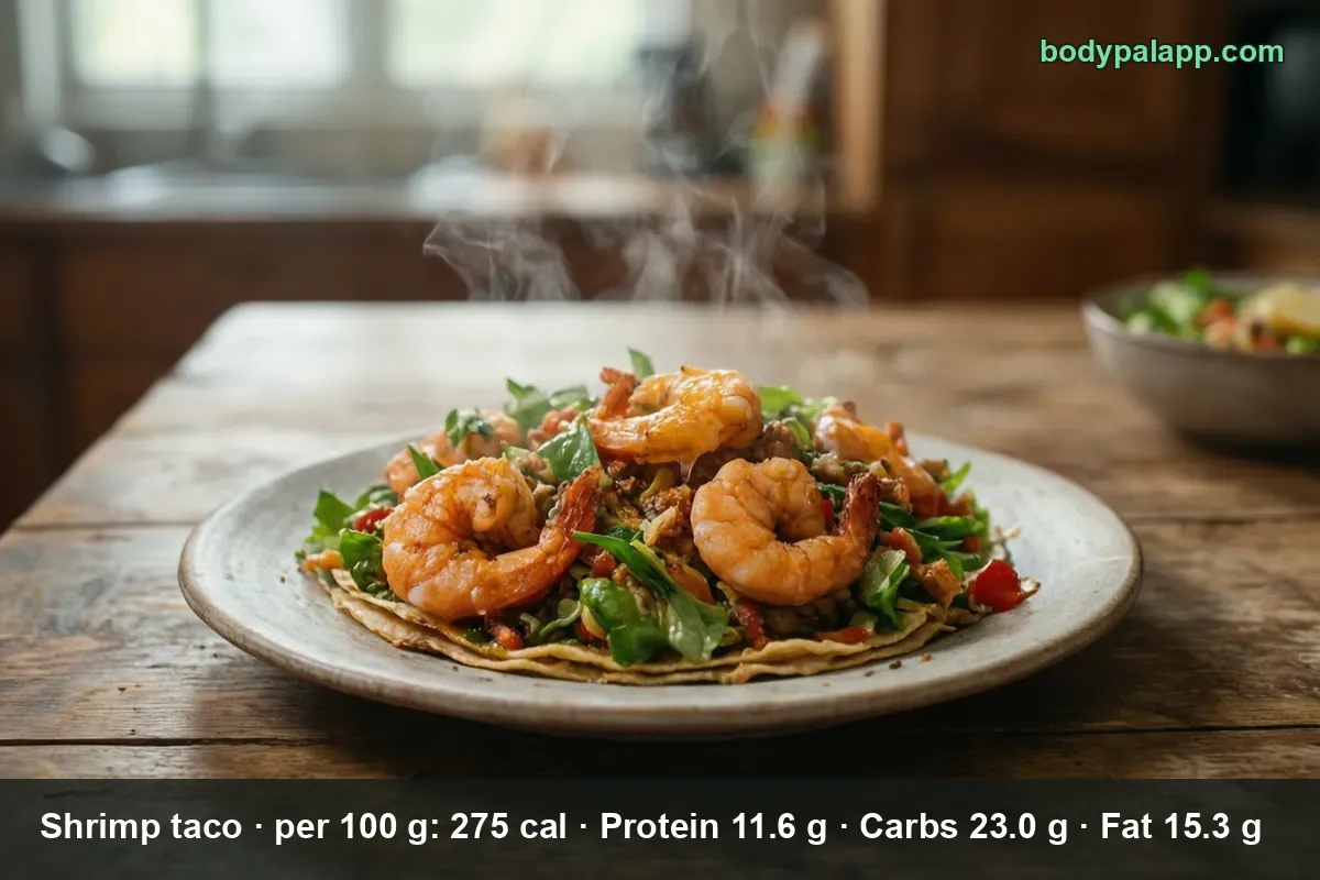 Flat open corn tortilla topped with shrimp, shredded lettuce and diced tomato, tostada style