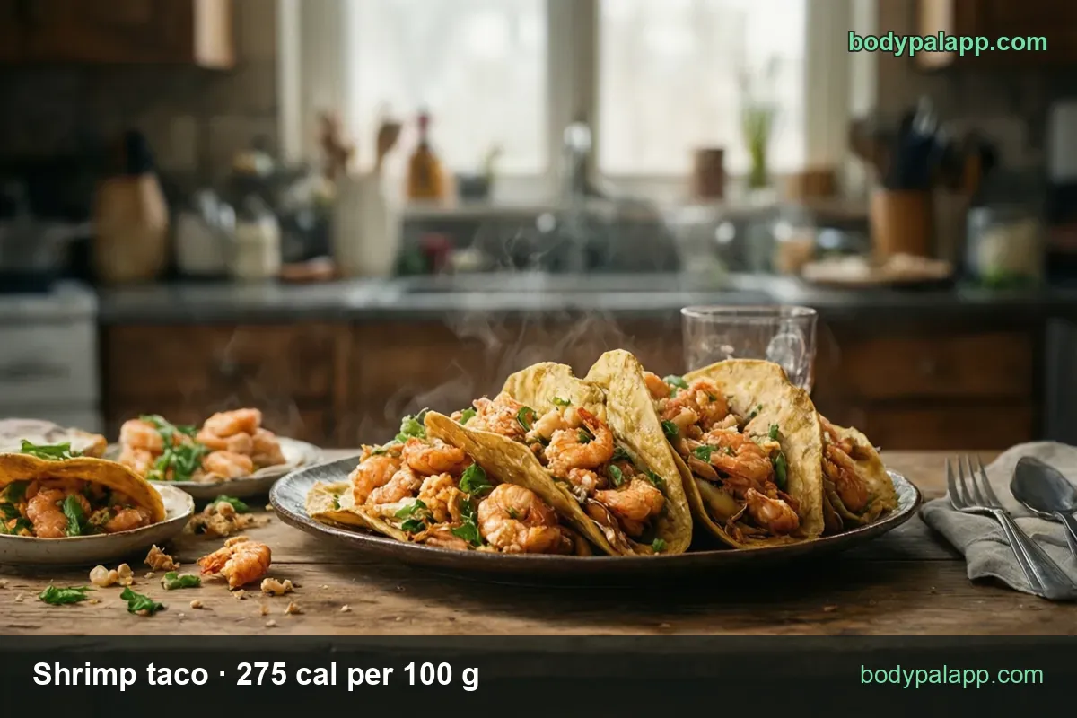 Plate of four folded corn shrimp tacos with cabbage and cilantro, chips 1 taco (150 g) 413 cal and 1 small taco (100 g) 275 cal