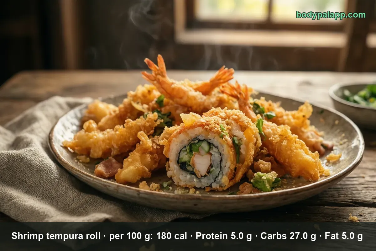 One cut shrimp tempura roll piece among a pile of crispy fried tempura shrimp
