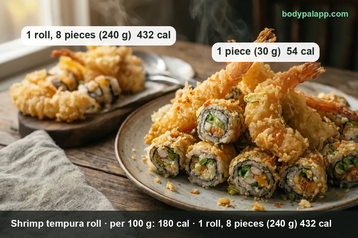 Plate of shrimp tempura rolls topped with whole tempura shrimp, labeled 1 roll, 8 pieces (240 g) 432 cal and 1 piece (30 g) 54 cal