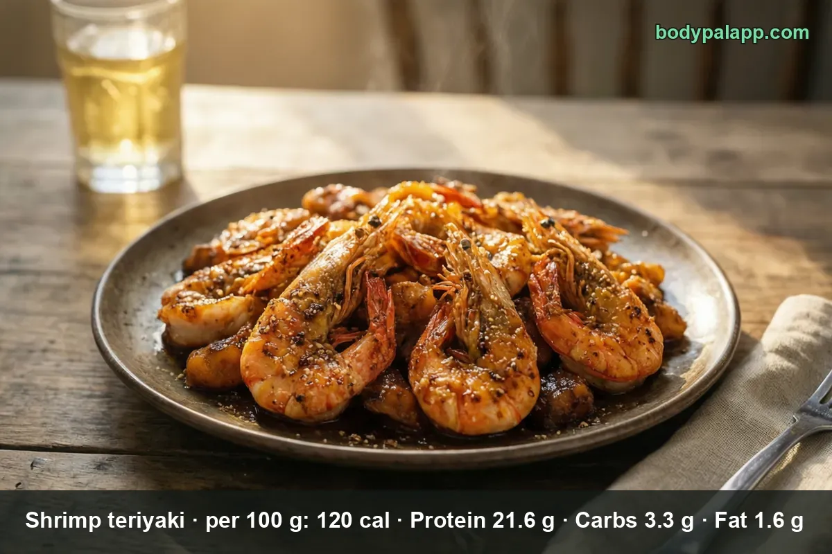 Plate of whole shell-on shrimp in dark teriyaki sauce with sesame seeds, beside a glass of amber drink.
