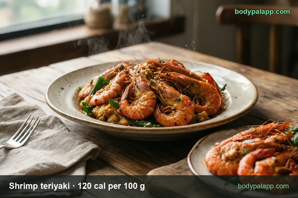 Two plates of steaming head-on shrimp in glossy dark teriyaki glaze with green onion; 1 cup 241 cal and 4 oz 136 cal.