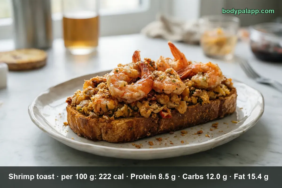 Open-faced toasted bread slice topped with whole shrimp, served on a metal plate.