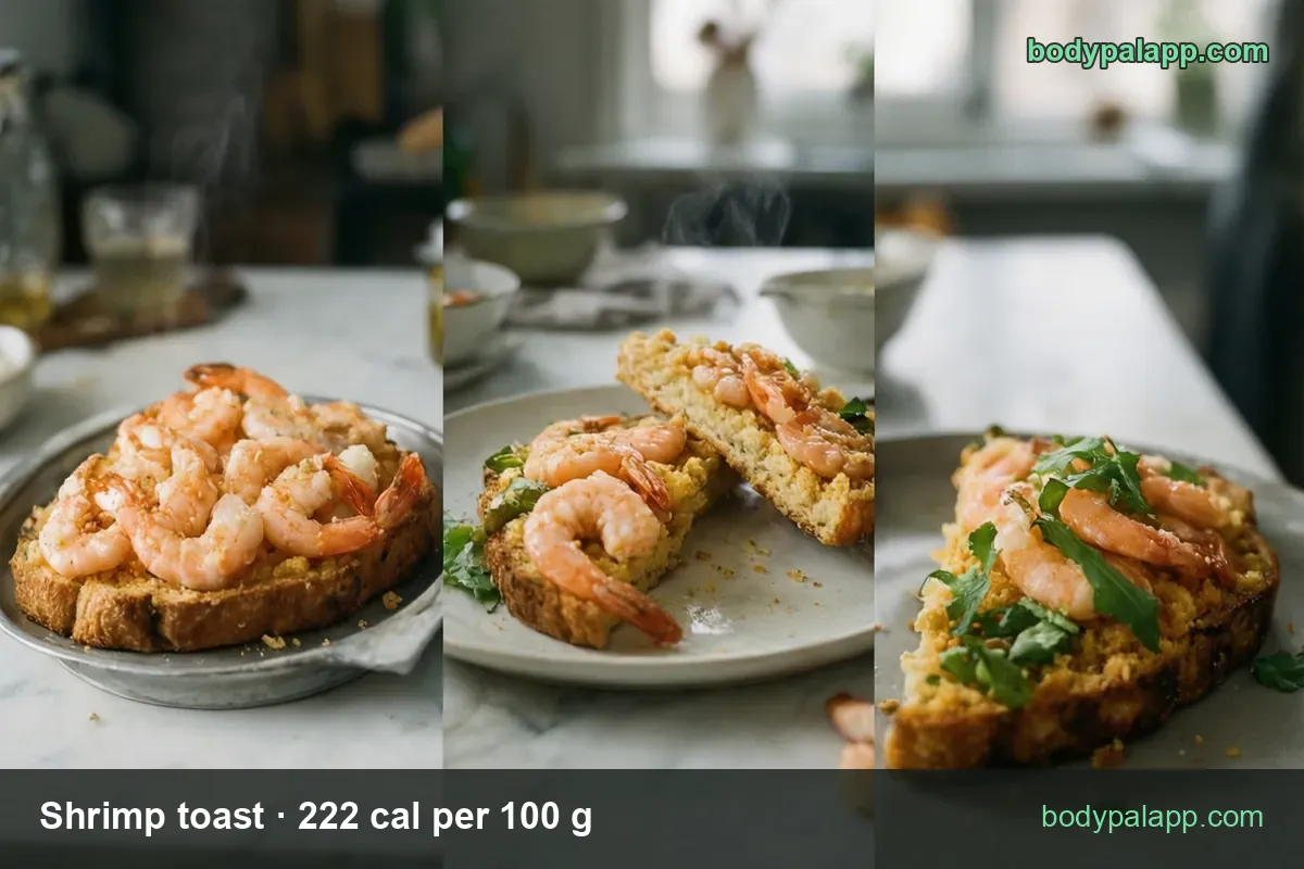Open-faced shrimp toast with whole shrimp, a full slice and two halves, labeled 1 slice (96 g) 213 cal and 1/2 slice (48 g) 107 cal.