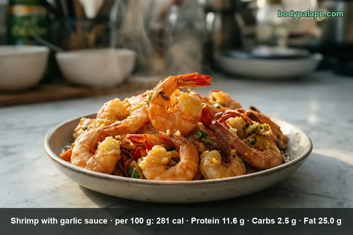 Pile of whole shrimp with tails in garlic sauce topped with green onion on a plate
