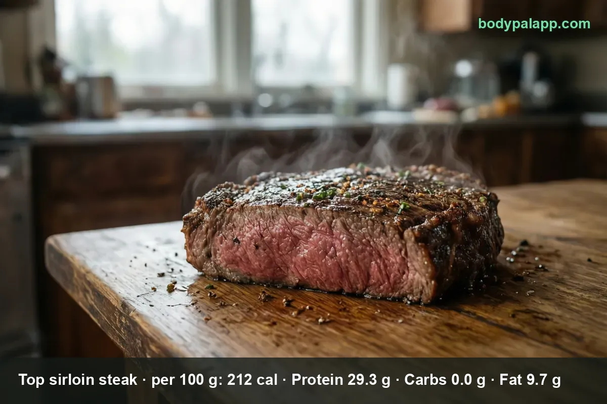 Sliced medium-cooked top sirloin steak, cut across the grain