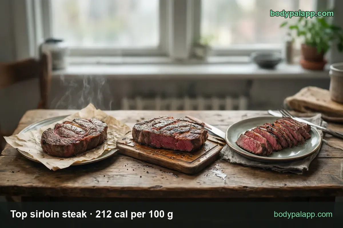 Sliced medium top sirloin steak in three servings, labeled 6 oz cooked (170 g) 360 cal and 4 oz cooked (113 g) 240 cal
