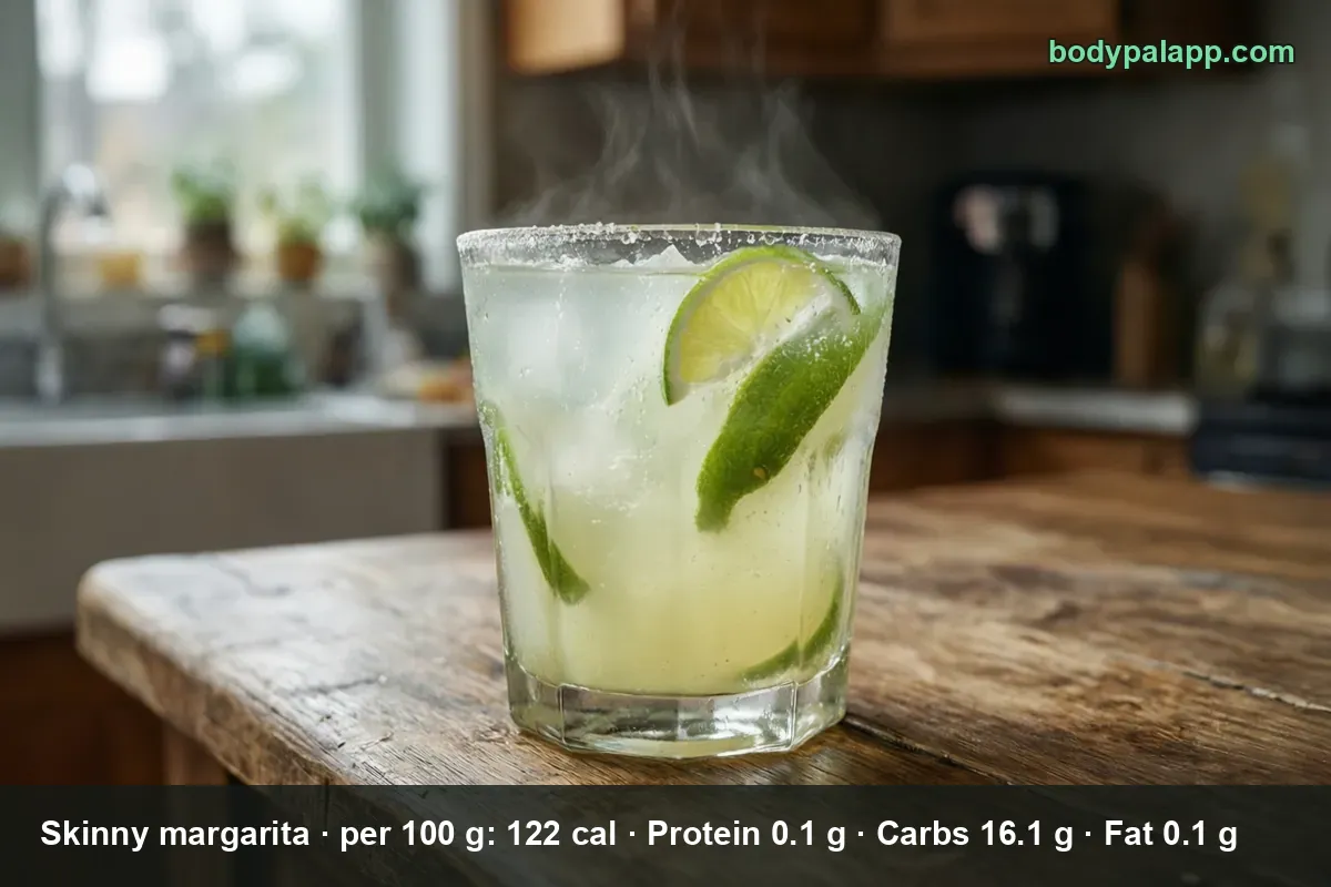 Skinny margarita in a short salt-rimmed glass with ice and a lime wedge