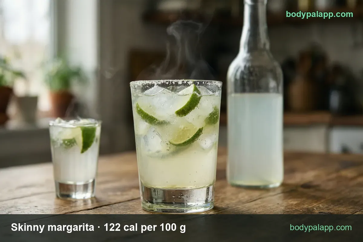 Tall salt-rimmed margarita with ice and lime pieces, small glass and clear bottle beside it; 4 fl oz 146 cal, 5 fl oz 183 cal