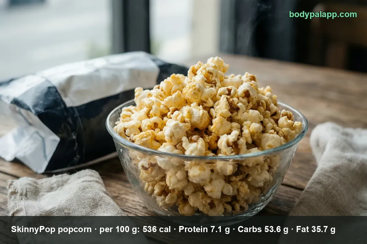 Glass bowl of white popped SkinnyPop popcorn beside a plain black and white bag