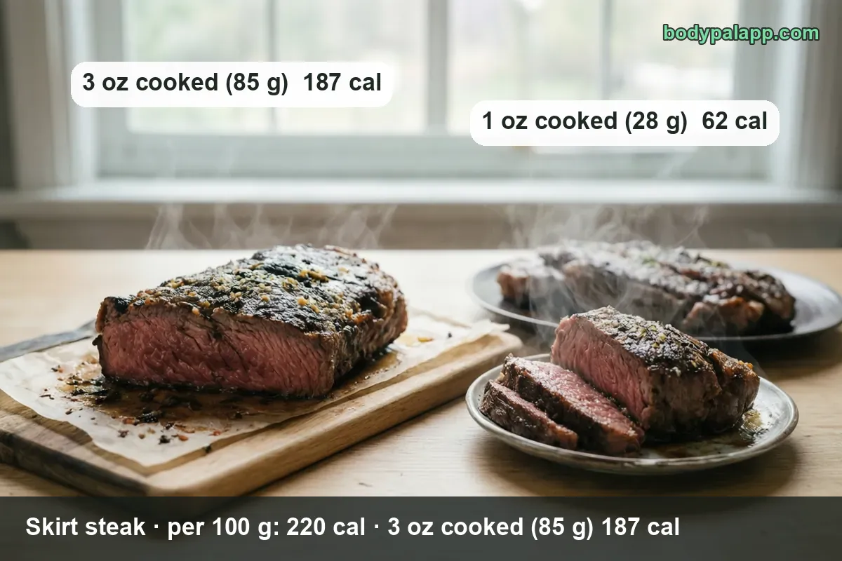 Sliced medium-rare skirt steak on a plate, a second steak steaming behind: 3 oz (85 g) 187 cal, 1 oz (28 g) 62 cal.
