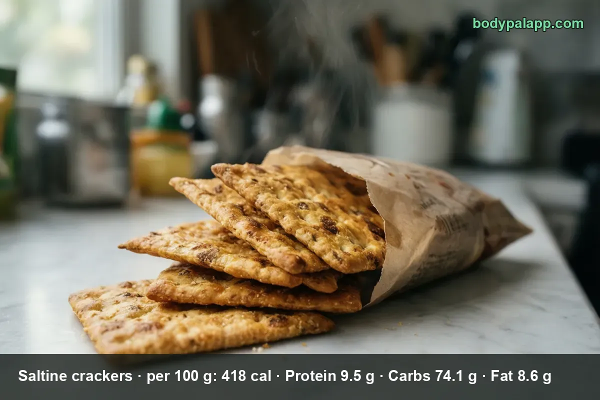 Fan of six rectangular saltine crackers with brown specks tipped out of a plain brown paper sleeve