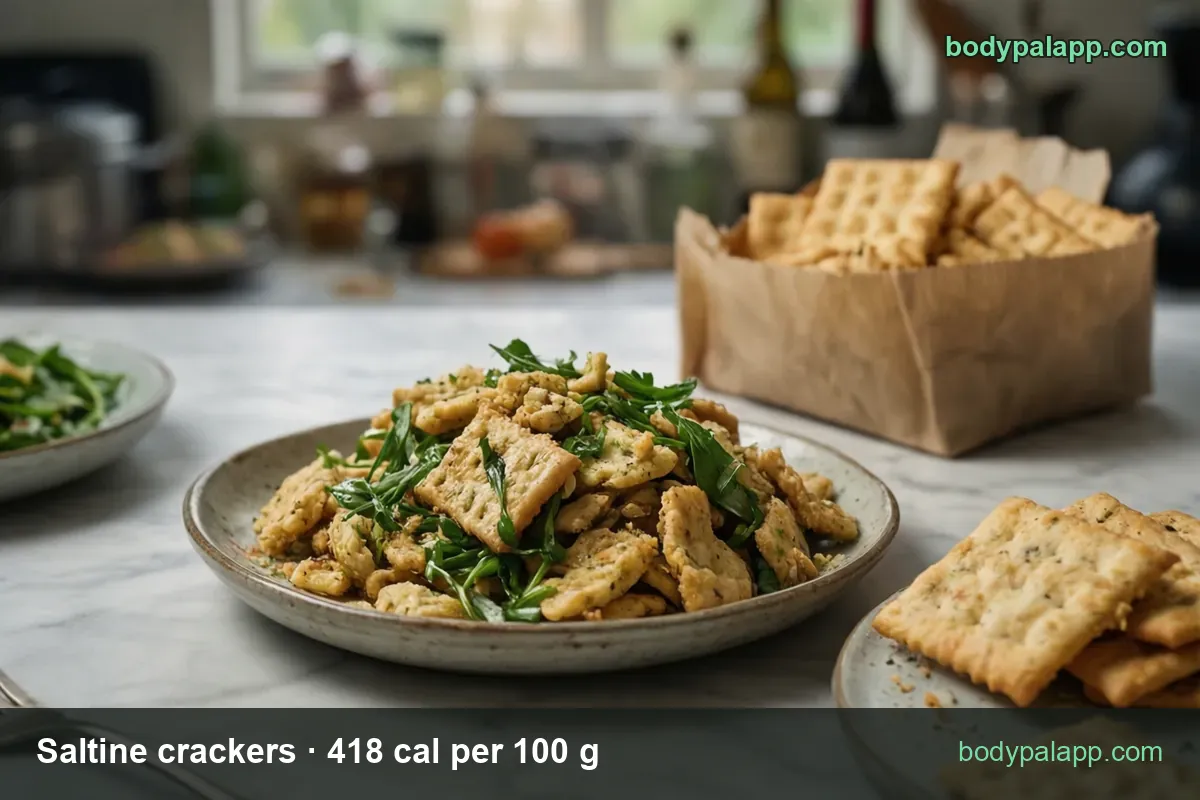 Square saltine crackers on a plate with green leaves and four on a side dish; 1 sleeve 481 cal, 5 crackers 63 cal