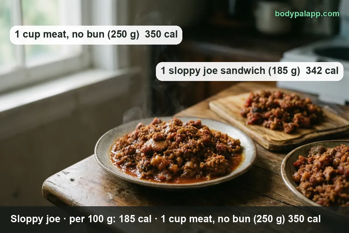 Three portions of sloppy joe meat on a plate, board and bowl, labeled 1 cup no bun 350 cal and 1 sandwich 342 cal.