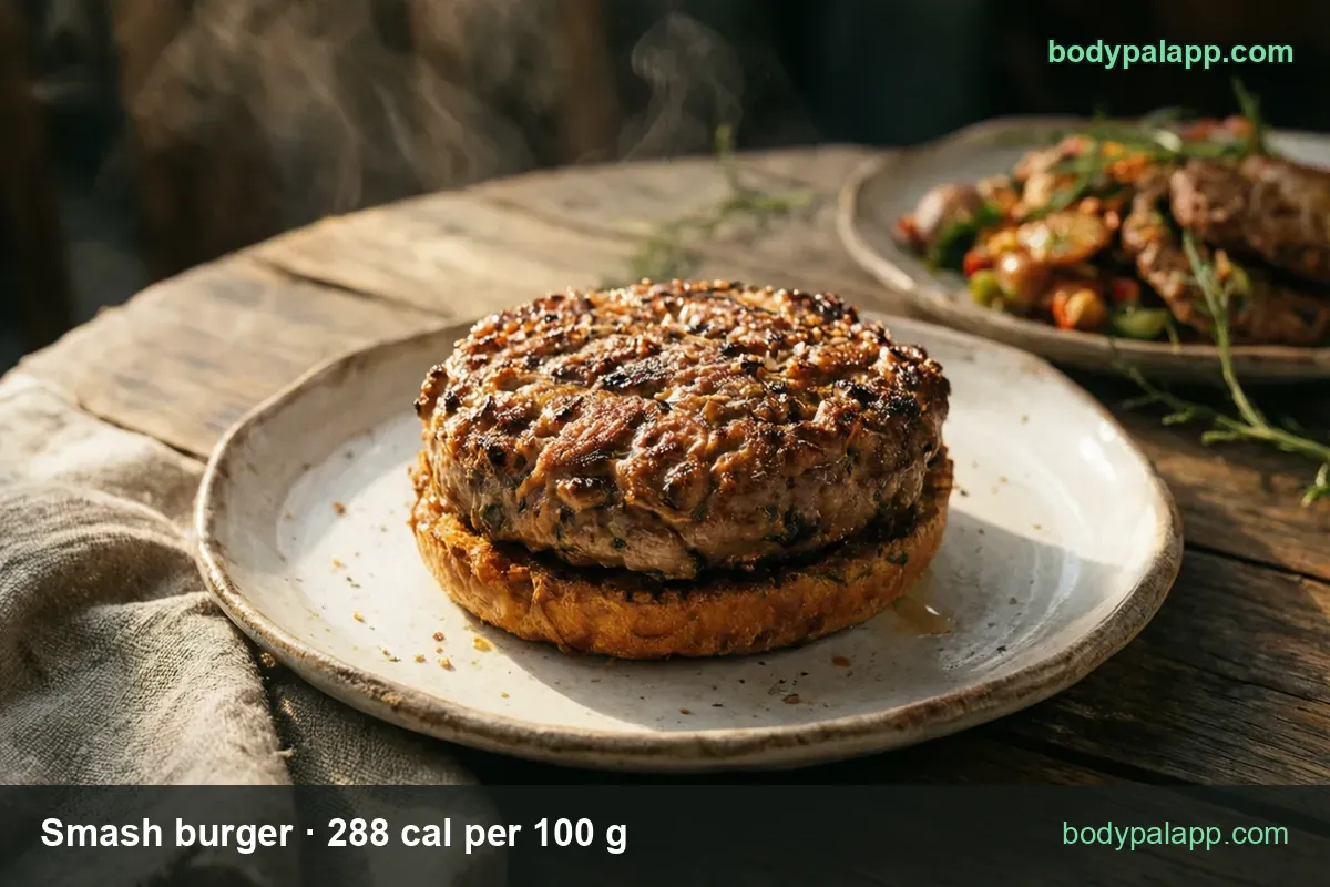 Cooked burger patty on a bottom bun half, with more patties and vegetable stew behind; 1 hamburger (145 g) 418 cal, 4 oz (113 g) 325 cal