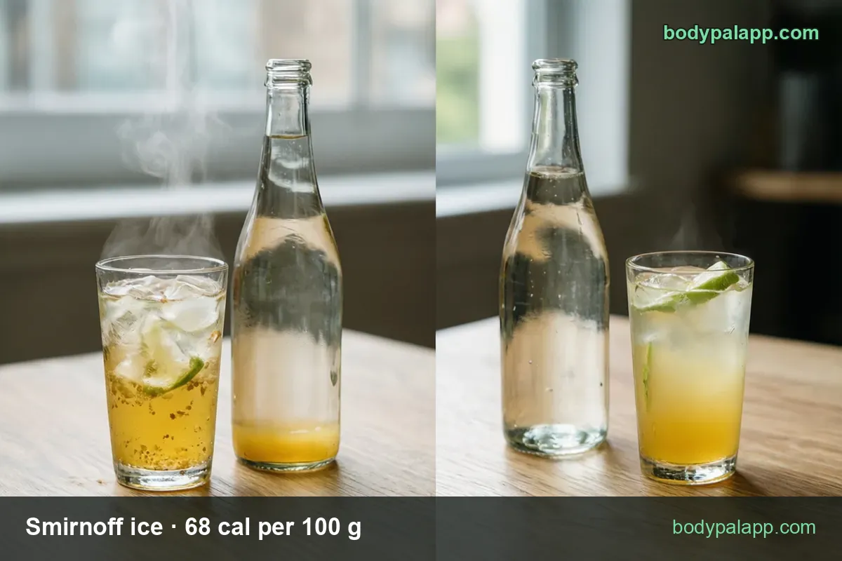 Two panels: glass with ice, lime and golden drink beside a clear unlabeled bottle; 1 bottle 360 g 245 cal, 8 fl oz glass 240 g 163 cal