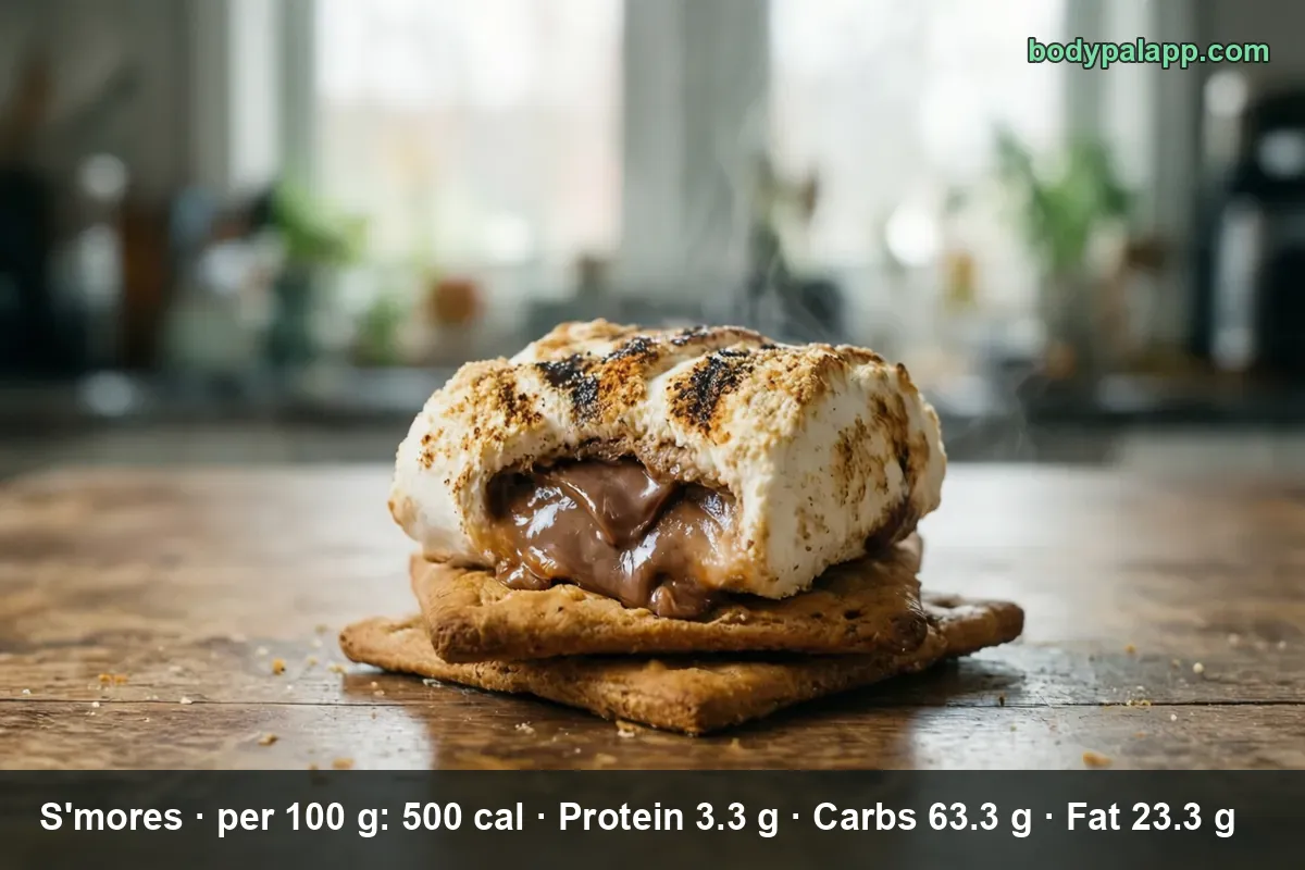 One s'more up close, toasted marshmallow and melted chocolate between two square graham crackers.