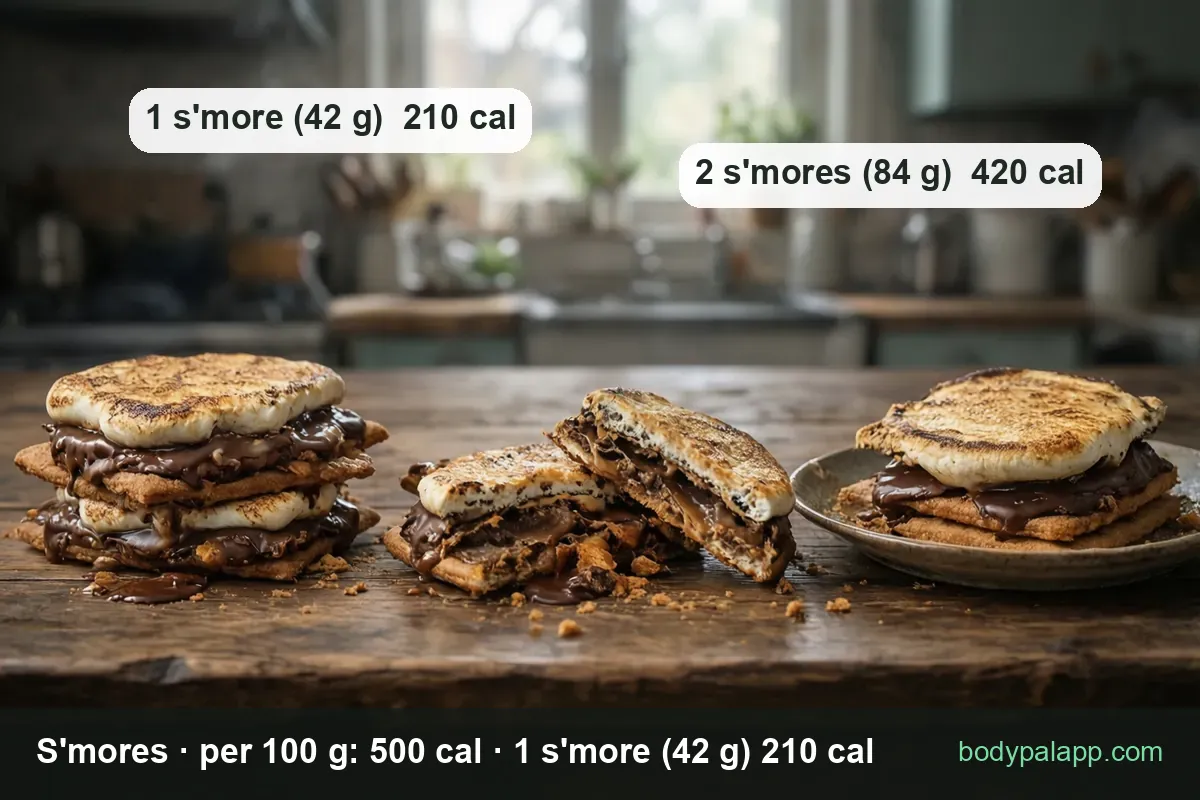 Three servings: a double stack, one broken open showing the layers, one whole - 1 s'more (42 g) 210 cal, 2 s'mores (84 g) 420 cal.