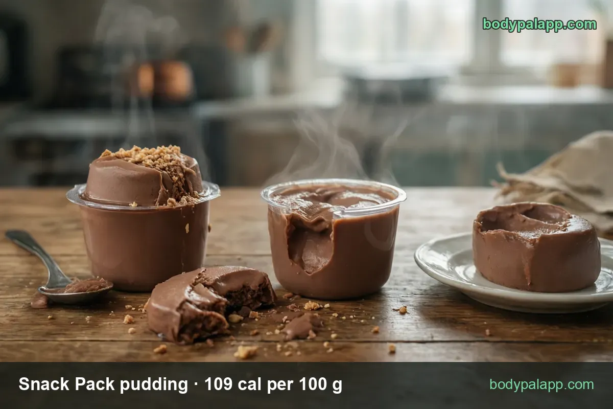 Two chocolate pudding cups, one turned out on a saucer with a piece and spoon; 1 cup (92 g) 100 cal, 2 cups (184 g) 201 cal