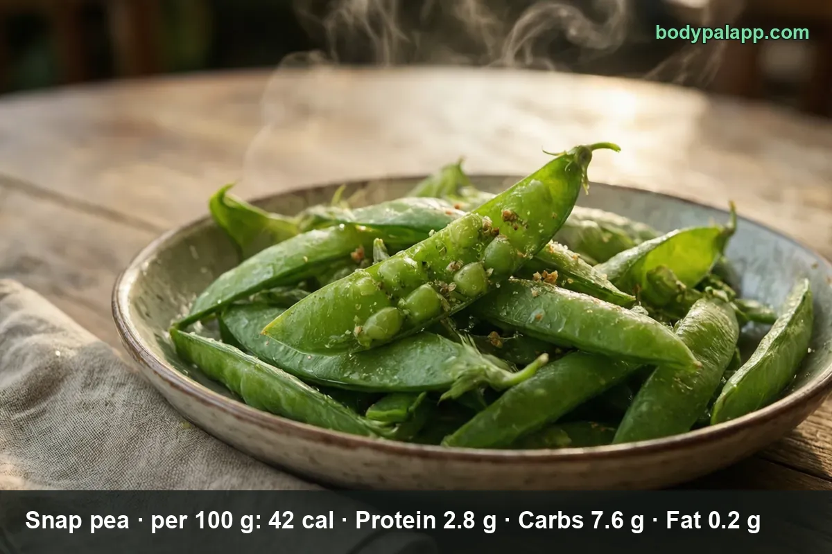 Plate of whole and half-open sugar snap pea pods with visible peas inside, lightly steaming.