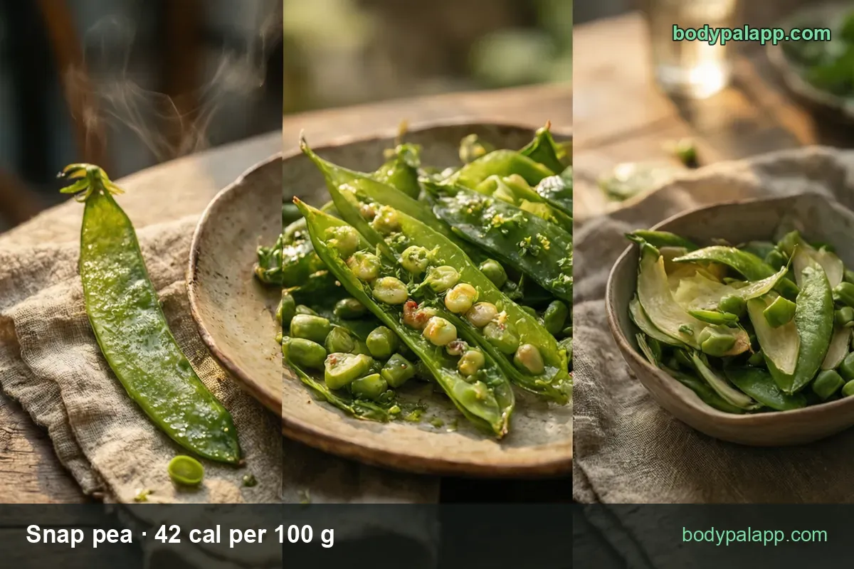 Bowl of snap pea pods sliced into strips beside split pods and loose peas, 1 cup whole pods (63 g) 26 cal and 10 pea pods (34 g) 14 cal.